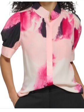 DKNY Pink and Black Watercolor Mock Neck Puff Sleeve Blouse NWT